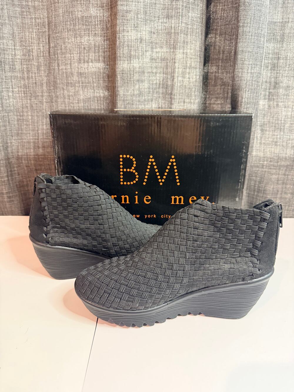 Bernie Mev Lady Wedge Ankle Boots EU 36 US 5 Black Woven Platform Booties
